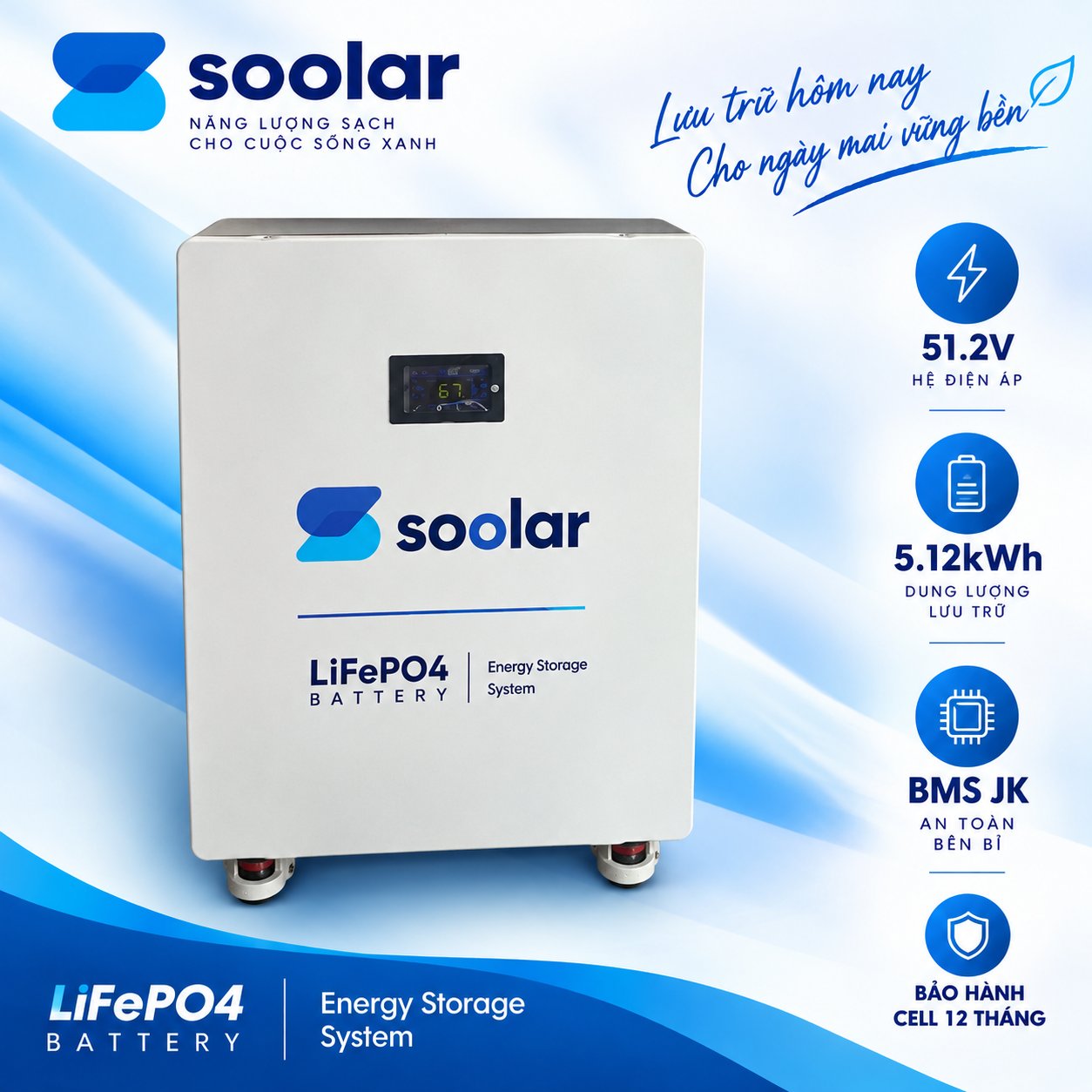 Pin Lithium LiFePO4 51.2V 100Ah treo tường – Lưu trữ 5.12kWh
